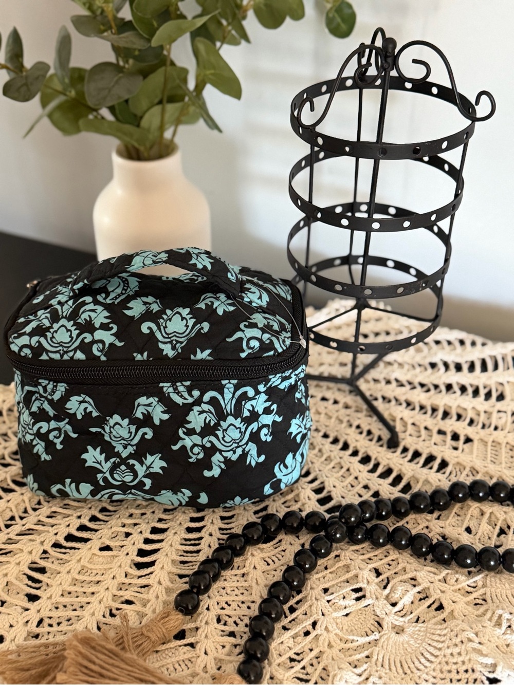 Black & Aqua Floral Quilted Cosmetic Case and Earring Holder